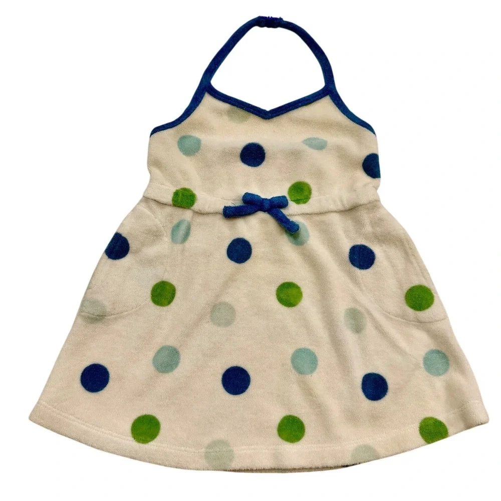 Gymboree Vintage 2004 Polka Dot Terry Cloth Halter Dress Blue Green White 3-6M